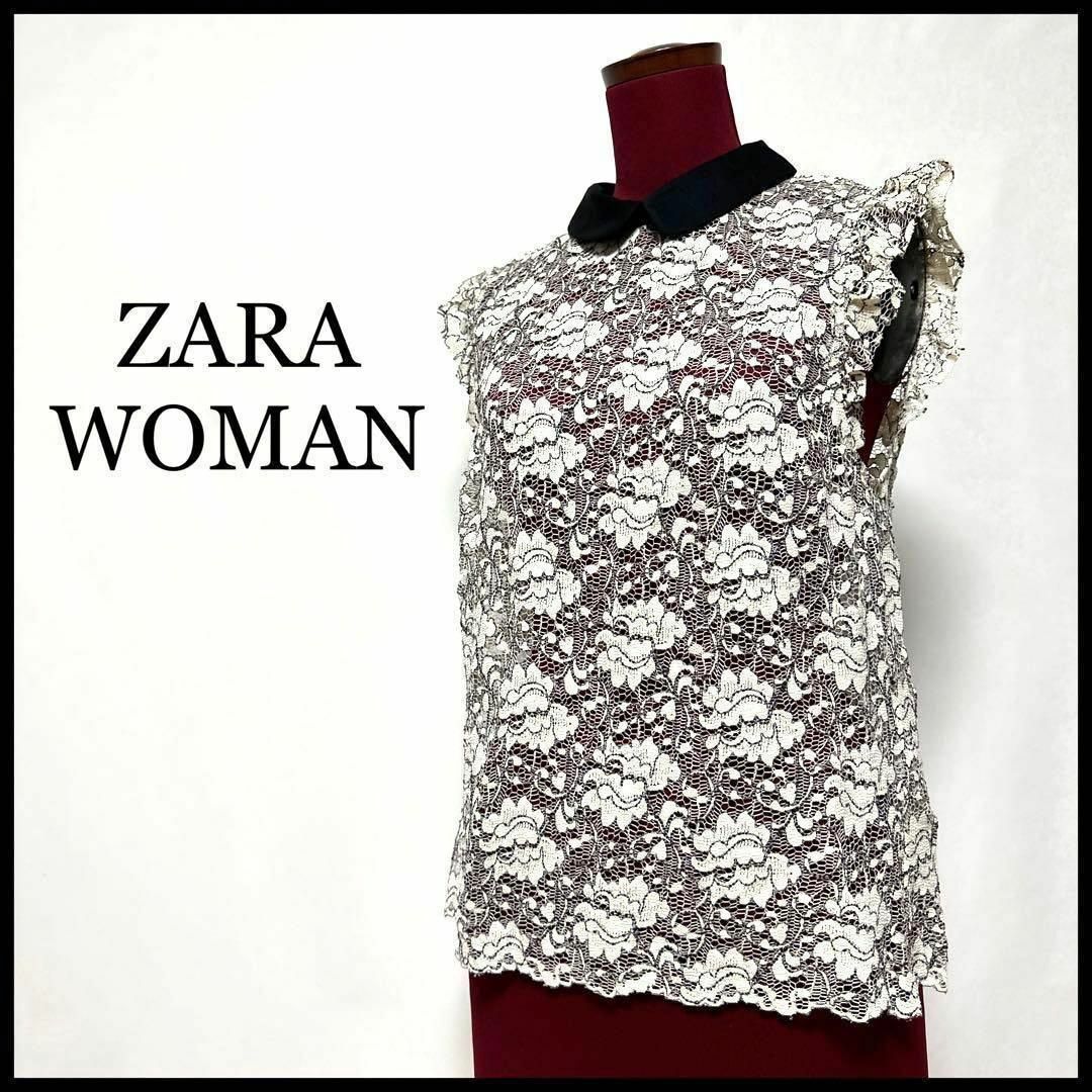 ZARA(ザラ)のZARA WOMAN カットソー ノースリーブ 丸襟 総レース ベージュ M レディースのトップス(シャツ/ブラウス(半袖/袖なし))の商品写真