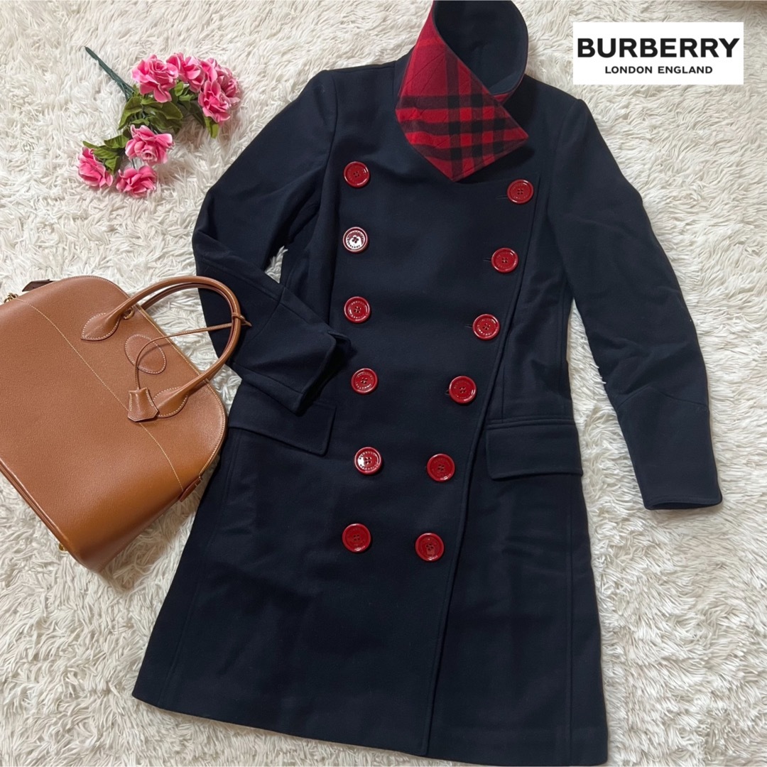 BURBERRY - 【美品】バーバリーロンドン コート 赤ボタン ネイビー