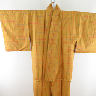 紬 着物 アンサンブル 格子 正絹 黄色 袷 広衿 羽織セット カジュアル着物 仕立て上がり 身丈162cm 美品
