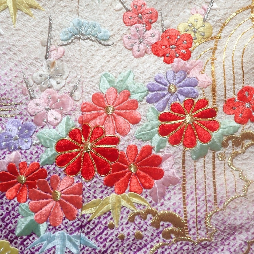 7歳 正絹白紫総絞り刺繍菊松竹梅 七五三 お着物単品の通販 by 夜の空's