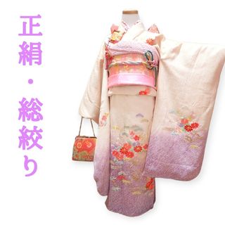 7歳　正絹白紫総絞り刺繍菊松竹梅　七五三　お着物単品(和服/着物)