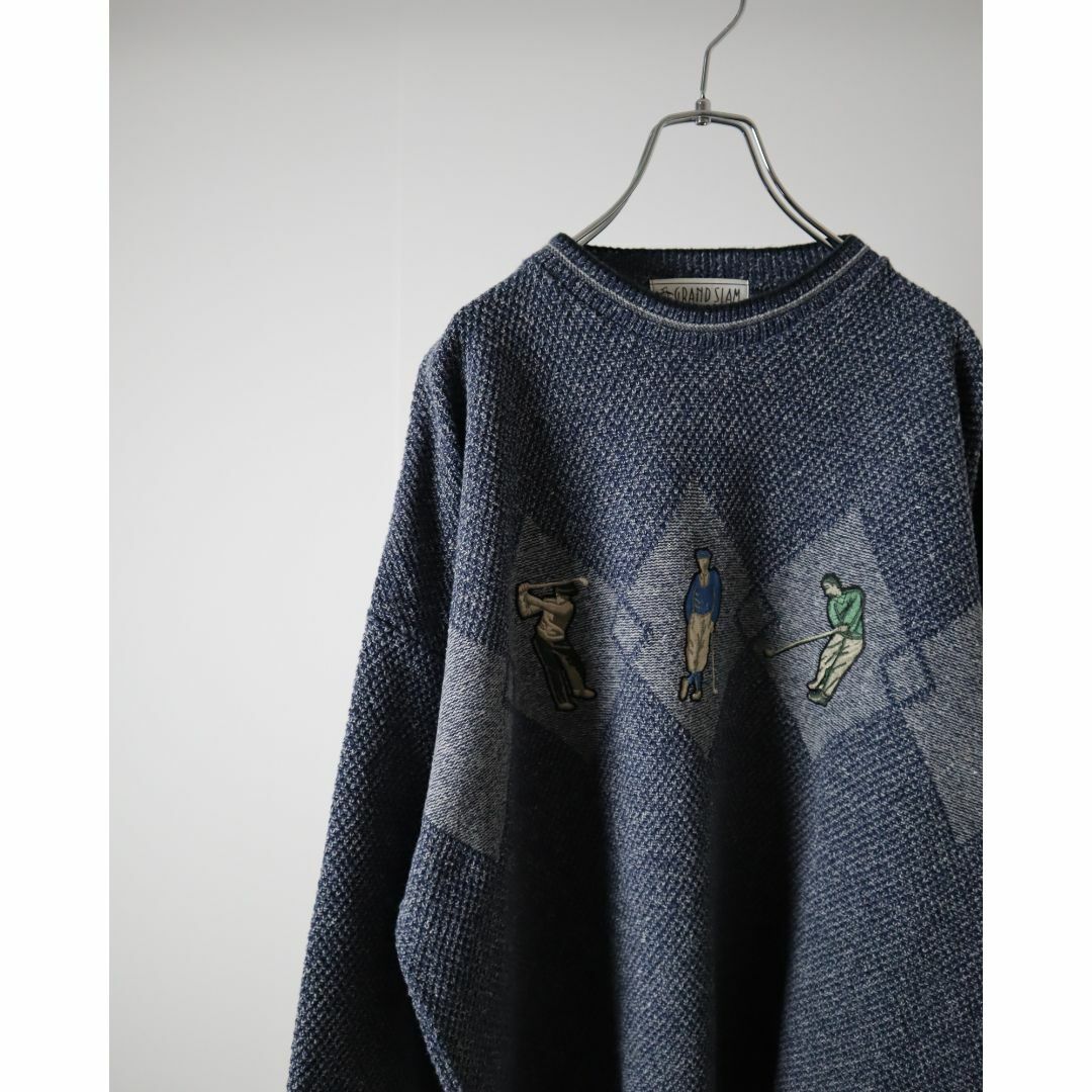 【vintage】レトロ 刺繍 ゴルフ ルーズ ニット セーター XL USA製