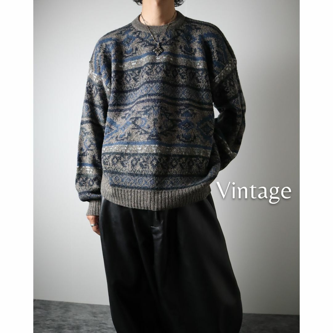 【vintage】レトロデザイン 総柄 幾何学 アクリル ニット セーター XL