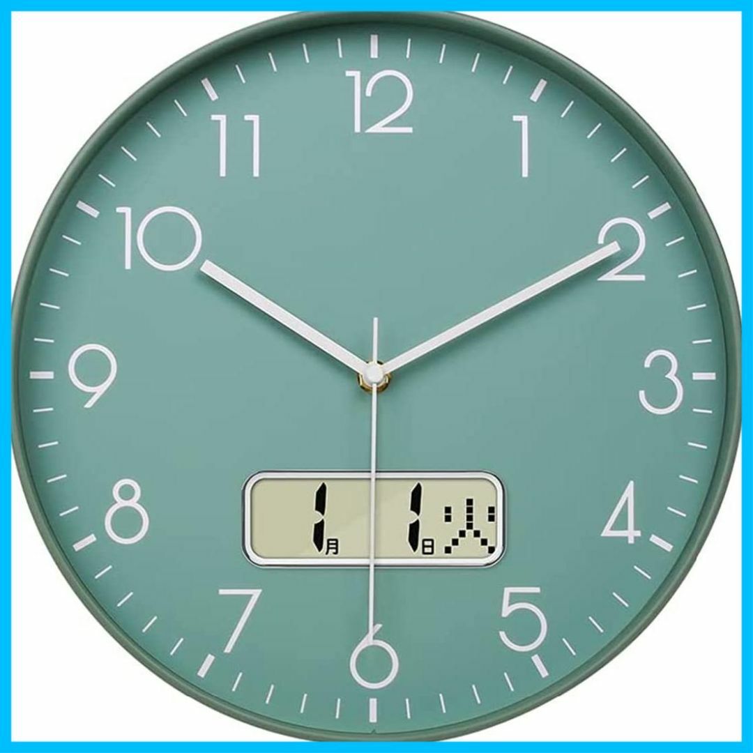北欧 時計 壁掛け 直径30cm 曜日表示 日付 グリーン おしゃれ 連続秒針