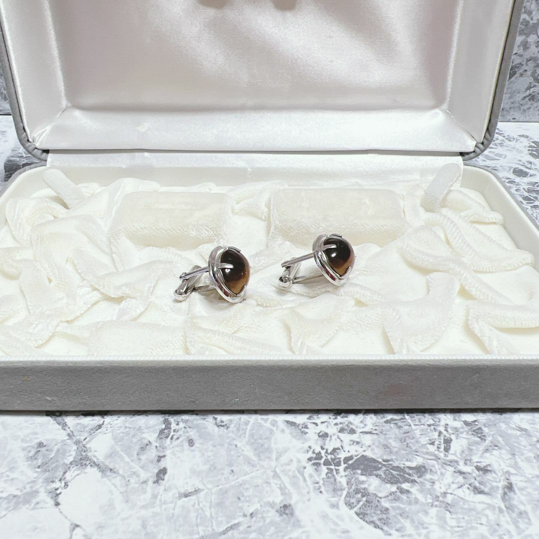 カフス　silver　シルバー　ブラウンストーン　茶石　天然石　ヴィンテージ　 メンズのファッション小物(カフリンクス)の商品写真