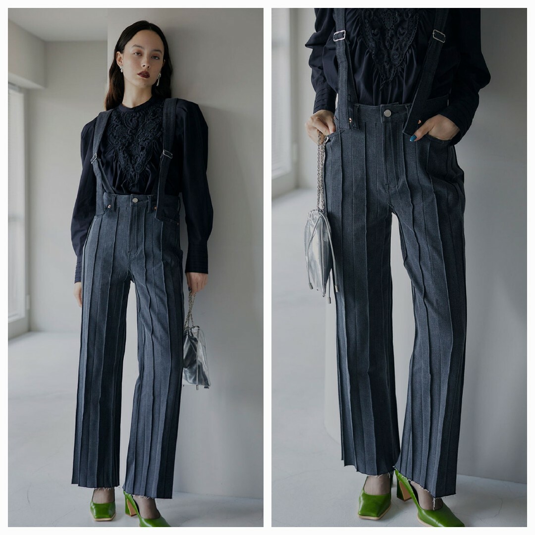 PLEATS DENIM SUSPENDER PANTS