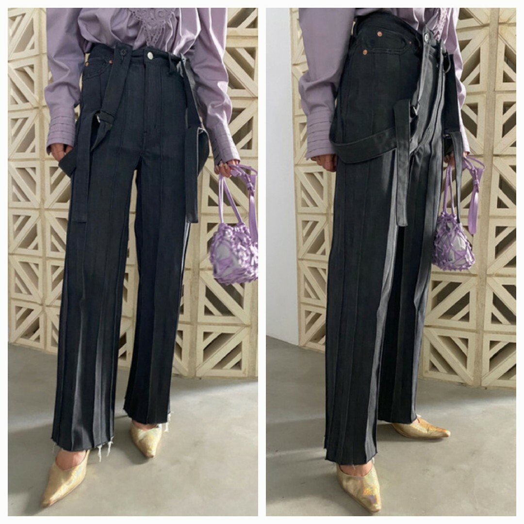 PLEATS DENIM SUSPENDER PANTS