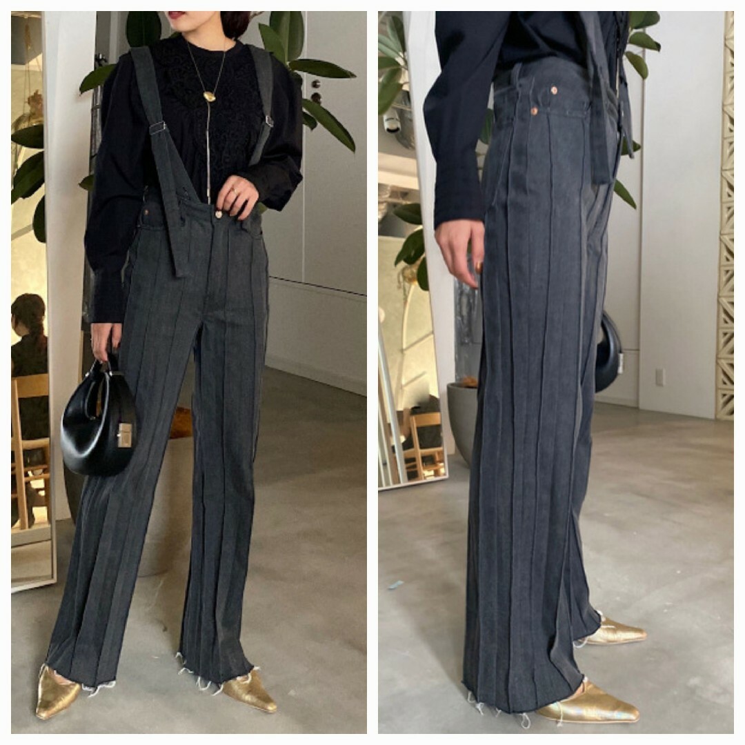 PLEATS DENIM SUSPENDER PANTS