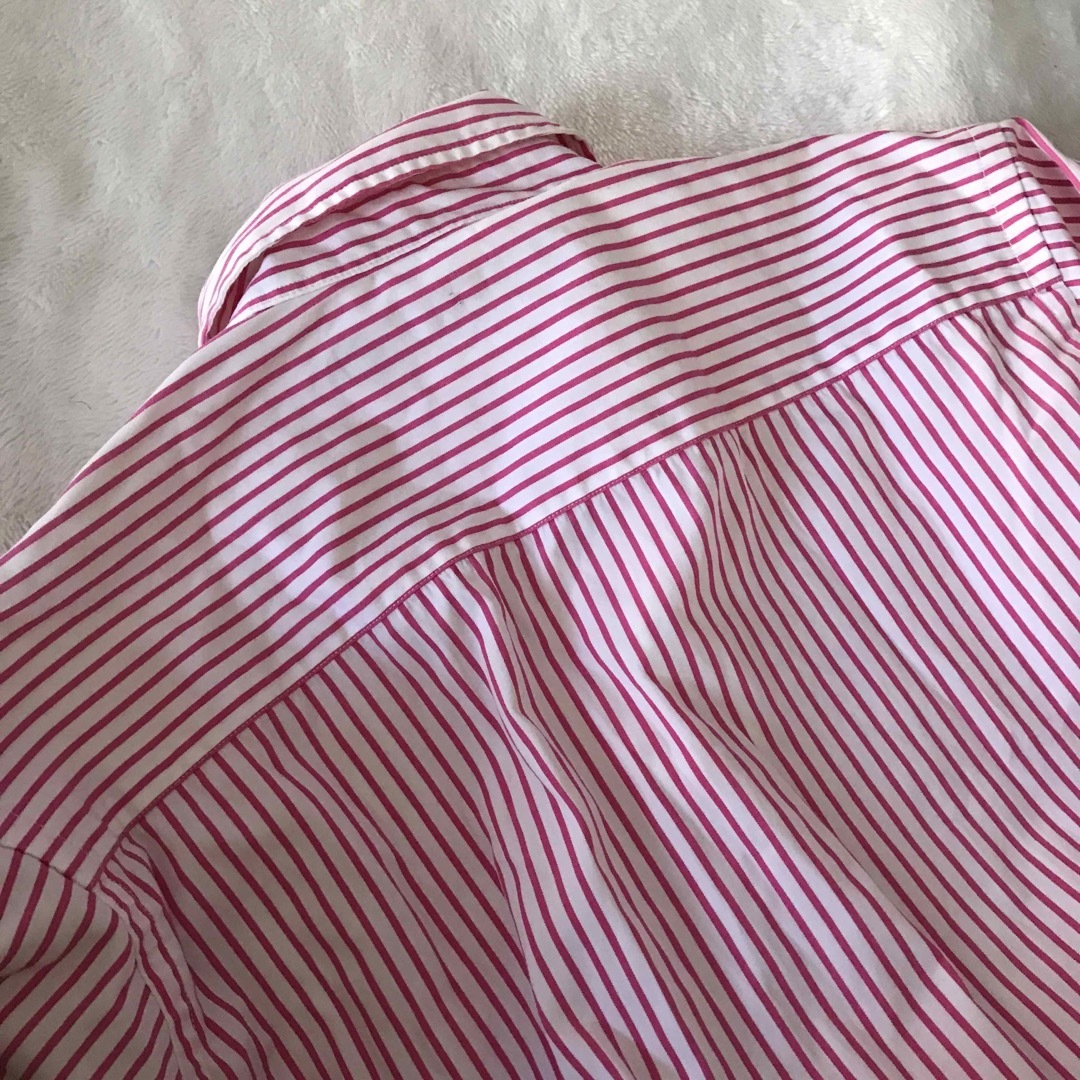Ralph Lauren(ラルフローレン)のラルフローレンスポーツ サイズ2 ピンク&白　ストライプシャツ 七分袖ポロ レディースのトップス(シャツ/ブラウス(長袖/七分))の商品写真