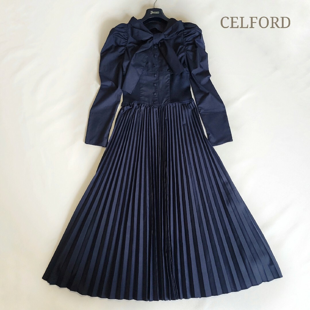 新品タグ付き✨CELFORD コルセットリブプリーツワンピース ネイビー 38