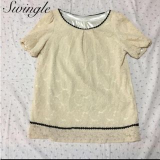 スウィングル(Swingle)のSwingle　総レース トップス　パフスリーブ 　体型カバー(カットソー(半袖/袖なし))