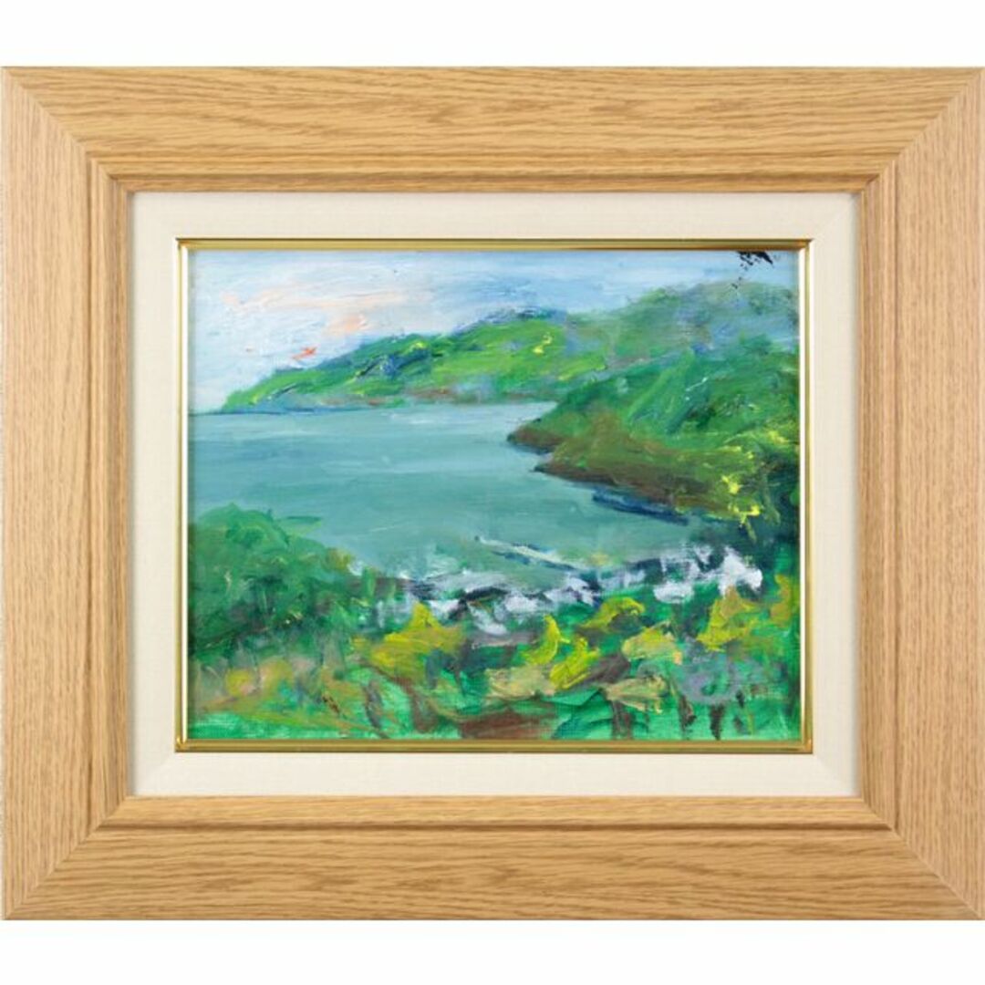 作家不明『丘の上から見た海辺の町』油彩画 絵画