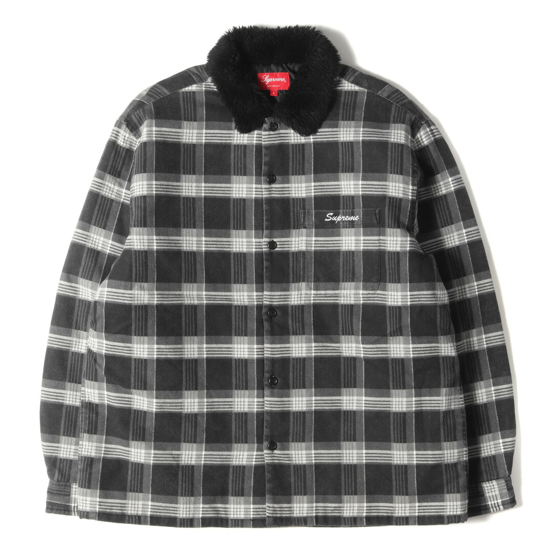 Supreme シュプリーム シャツ サイズ:L 21AW 襟フェイクファー 裏地キルティング チェック フランネル 長袖 シャツ Faux Fur Collar Flannel Shirt ブラック グレー トップス カジュアルシャツ【メンズ】