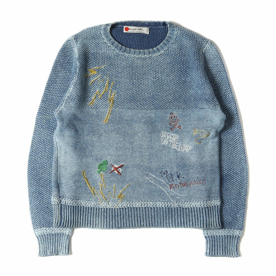 SEVESKIG セヴシグ ニット サイズ:S エイジング加工 ステッチ デザイン インディゴ染め コットン ニット セーター EMBROIDERY INDIGO SWEATER クルーネック エンブロイダリー プルオーバー インディゴ ブルー トップス カジュアル 長袖【メンズ】【美品】