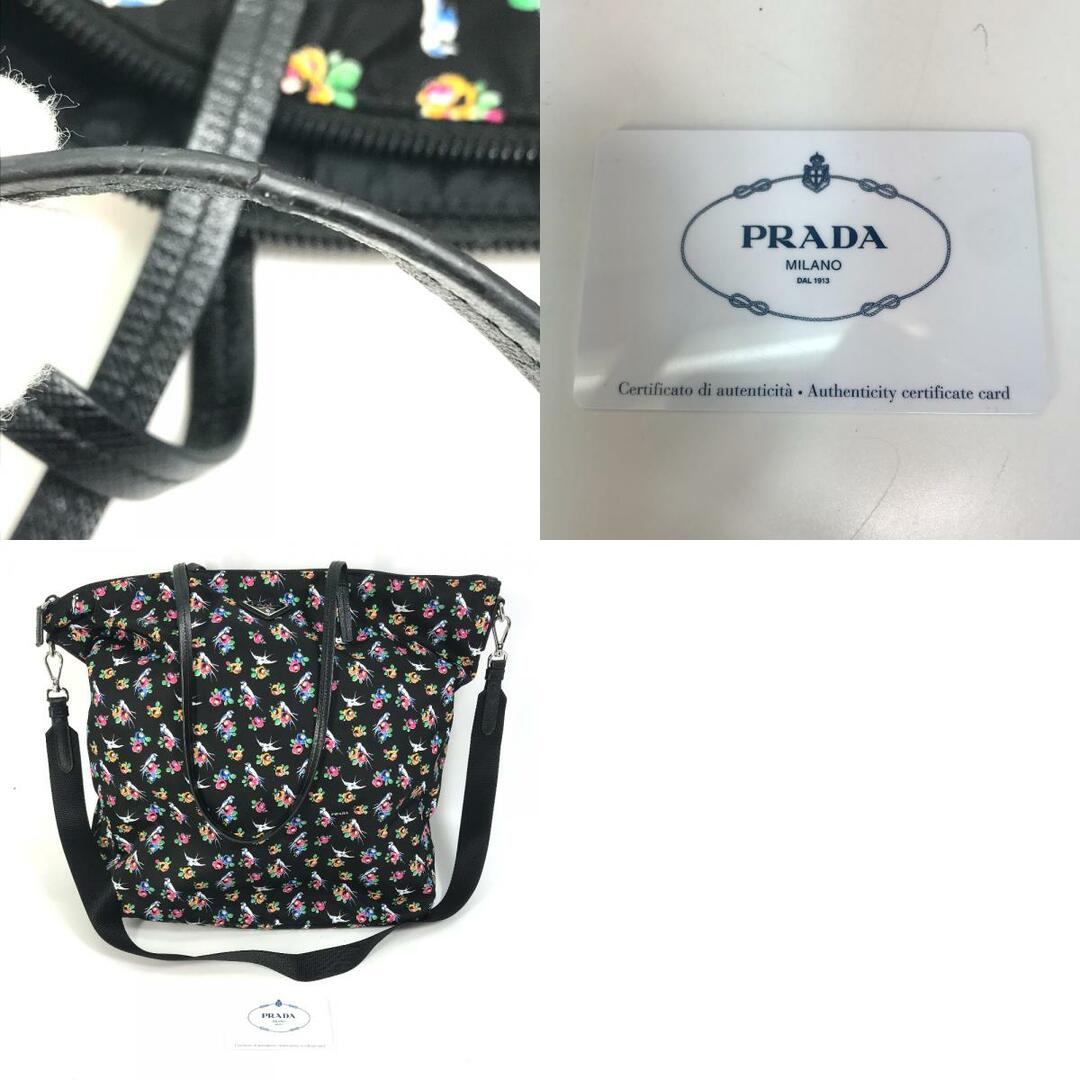 プラダ PRADA フラワー 花柄 1BG189 トライアングルロゴ カバン トートバッグ ナイロン/レザー ブラック