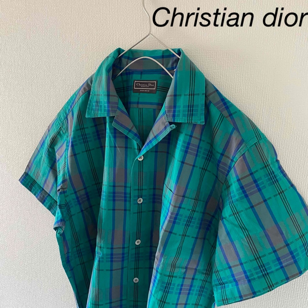 Christiandiorクリスチャンディオール半袖グリーンオープンカラーシャツ