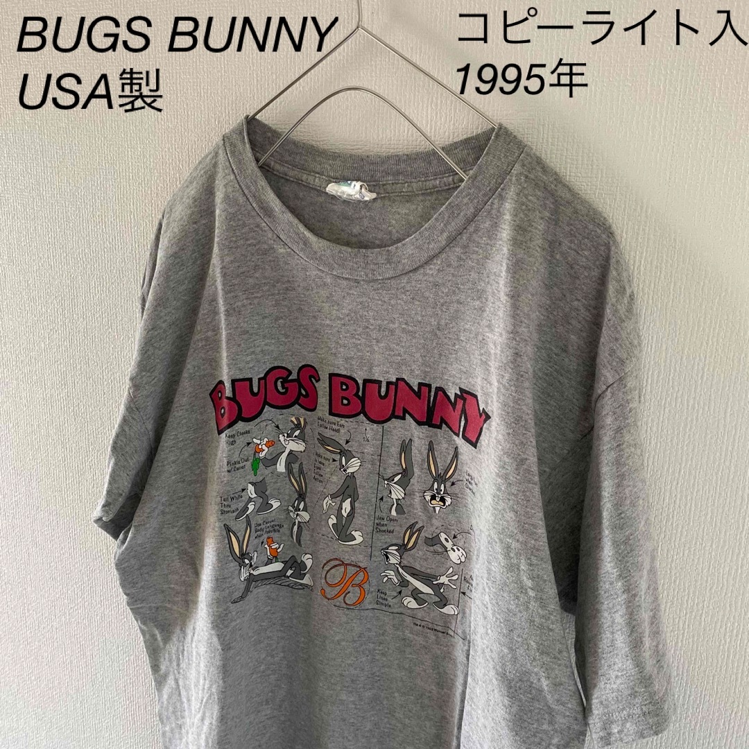 1995年製ワーナーブラザーズバッグスバニーUSA製tシャツグレー半袖灰Lメンズ