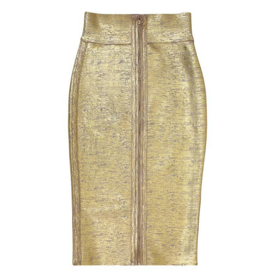 レザー風 ロングスカート スカート　ジップ　ゴールド タイト M レディースのスカート(ひざ丈スカート)の商品写真