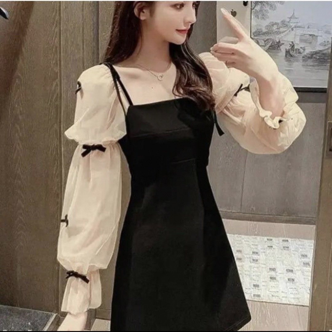 L  ミニワンピース　リボン　可愛い ドレス フリル シアースリーブ  韓国 レディースのフォーマル/ドレス(ミニドレス)の商品写真