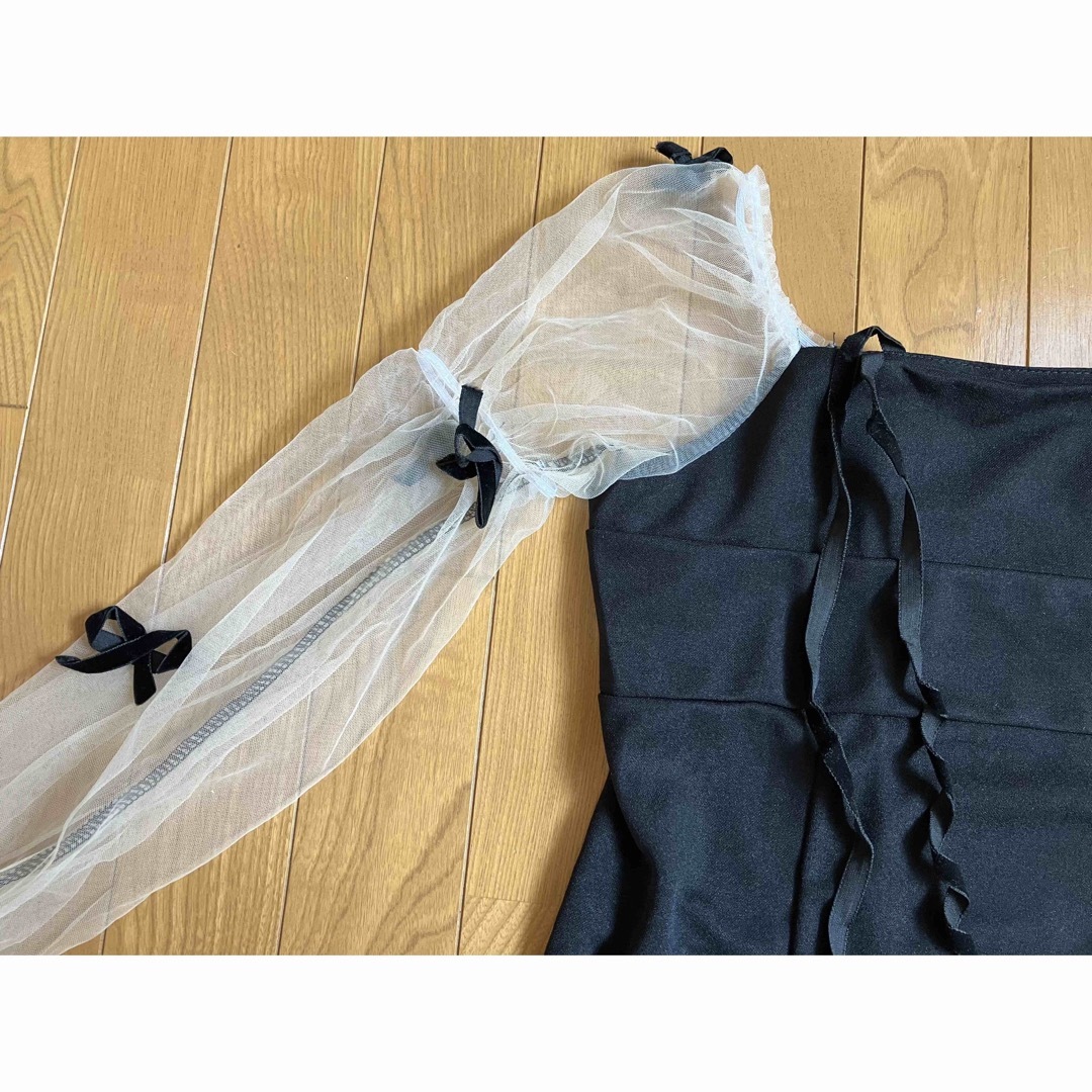 L  ミニワンピース　リボン　可愛い ドレス フリル シアースリーブ  韓国 レディースのフォーマル/ドレス(ミニドレス)の商品写真