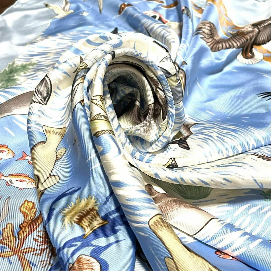 エルメス 地中海の貴重な生命 スカーフ カレ90 タグ オーシャンブルー シルク