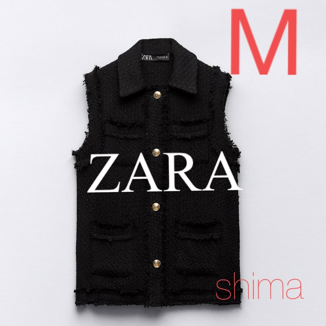 新品＊ZARA フリンジトリム テクスチャーベスト ブラック M ツイード-