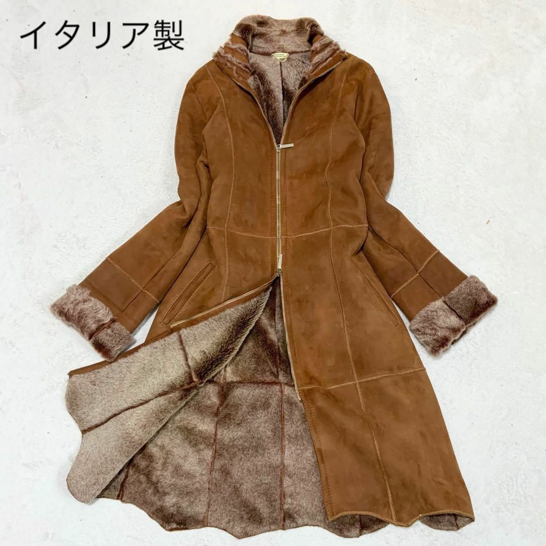 ムートンコート ロング丈 シアリング ブラウン 羊毛皮 大きいサイズ イタリア製
