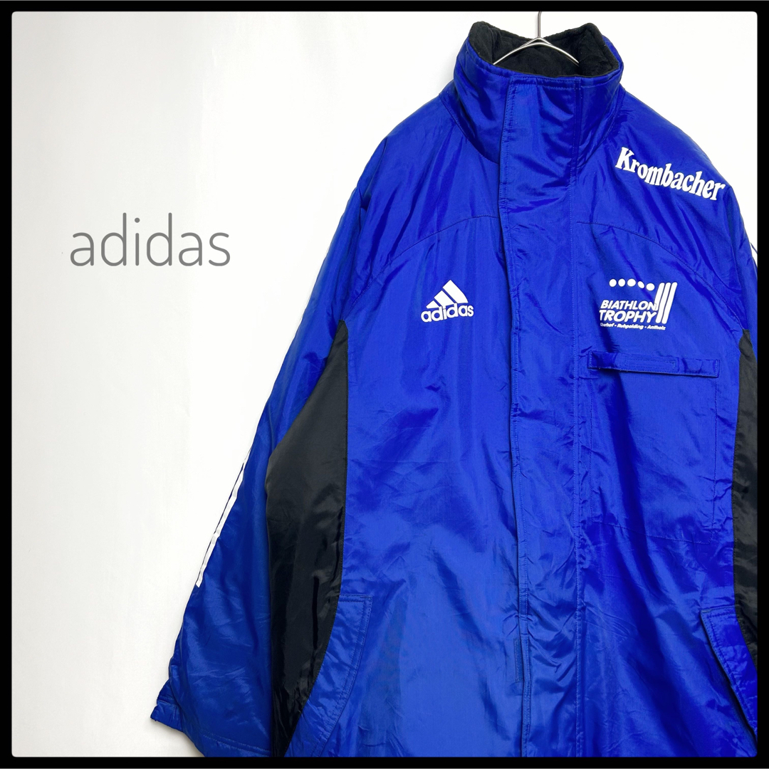 adidas コーチジャケット　ブルー　スポーツ　防寒着　ロングコート　サッカー