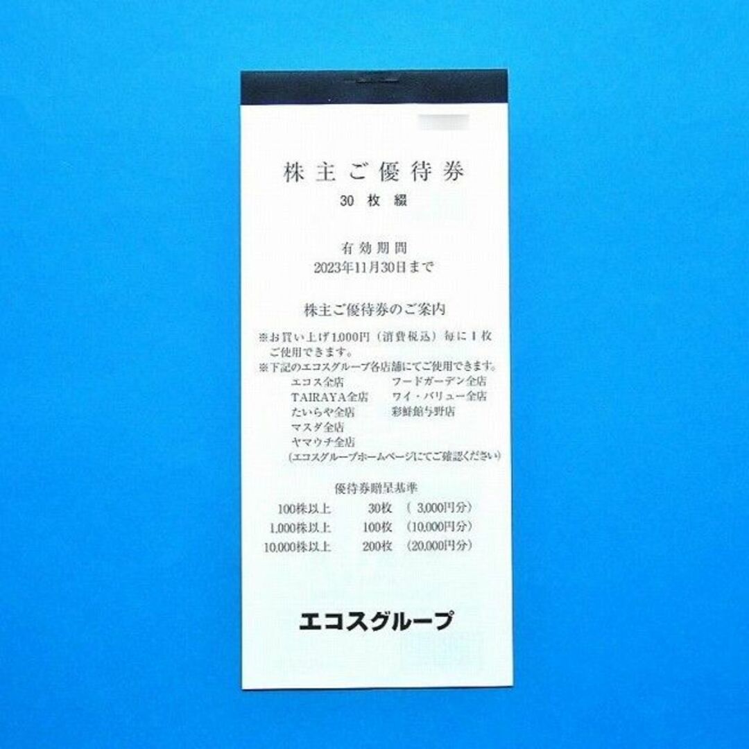 3000円分 エコス 株主優待 株主優待券 100円券×30枚の通販 by たんぽぽ