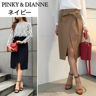 ピンキーアンドダイアン(Pinky&Dianne)のリボンとスリットデザインが上品可愛い♪　タイトスカート　M　ネイビー(ひざ丈スカート)