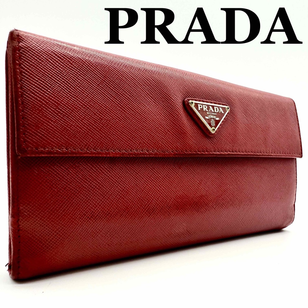 PRADA(プラダ)の【極美品】プラダ サフィアーノ 三角ロゴ トライアングル 長財布 レッド レザー レディースのファッション小物(財布)の商品写真