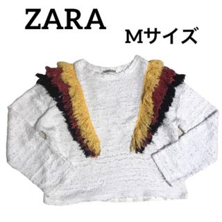 ザラ(ZARA)のZARA  ホワイト　フリンジ　トップス　Mサイズ(カットソー(長袖/七分))