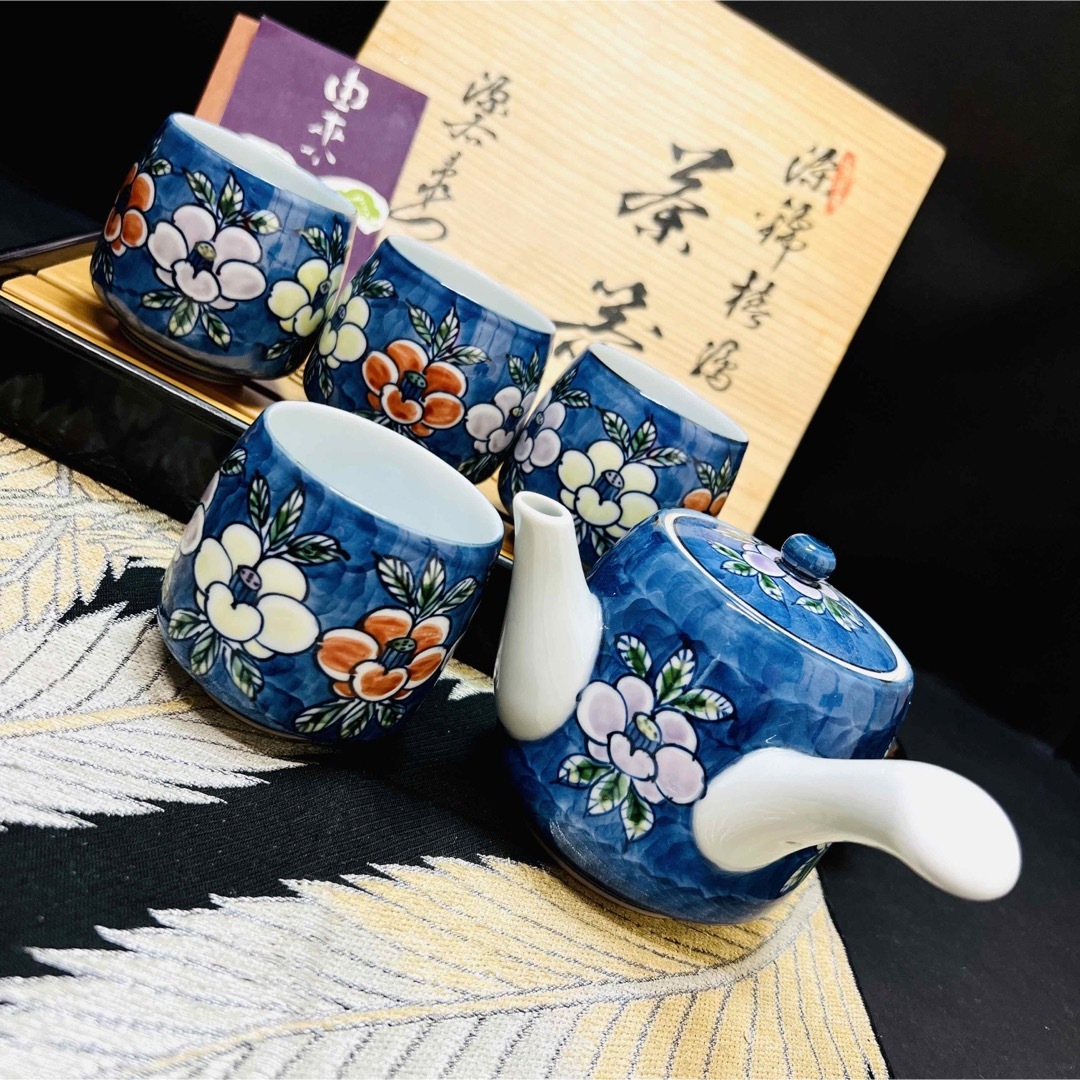 源右衛門窯 - 有田焼 源右衛門 染錦椿絵 茶器 急須①&湯呑④ 共箱の