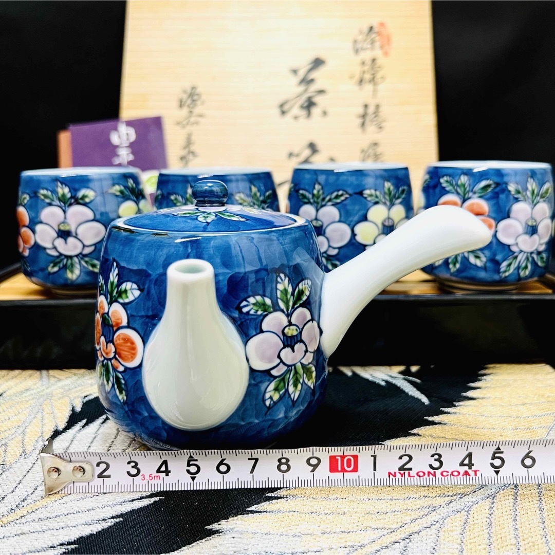 源右衛門窯 - 有田焼 源右衛門 染錦椿絵 茶器 急須①&湯呑④ 共箱の