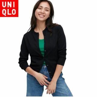 ユニクロ(UNIQLO)のユニクロ 454764 UVカットクルーネックカーディガン（長袖）M ブラック(カーディガン)