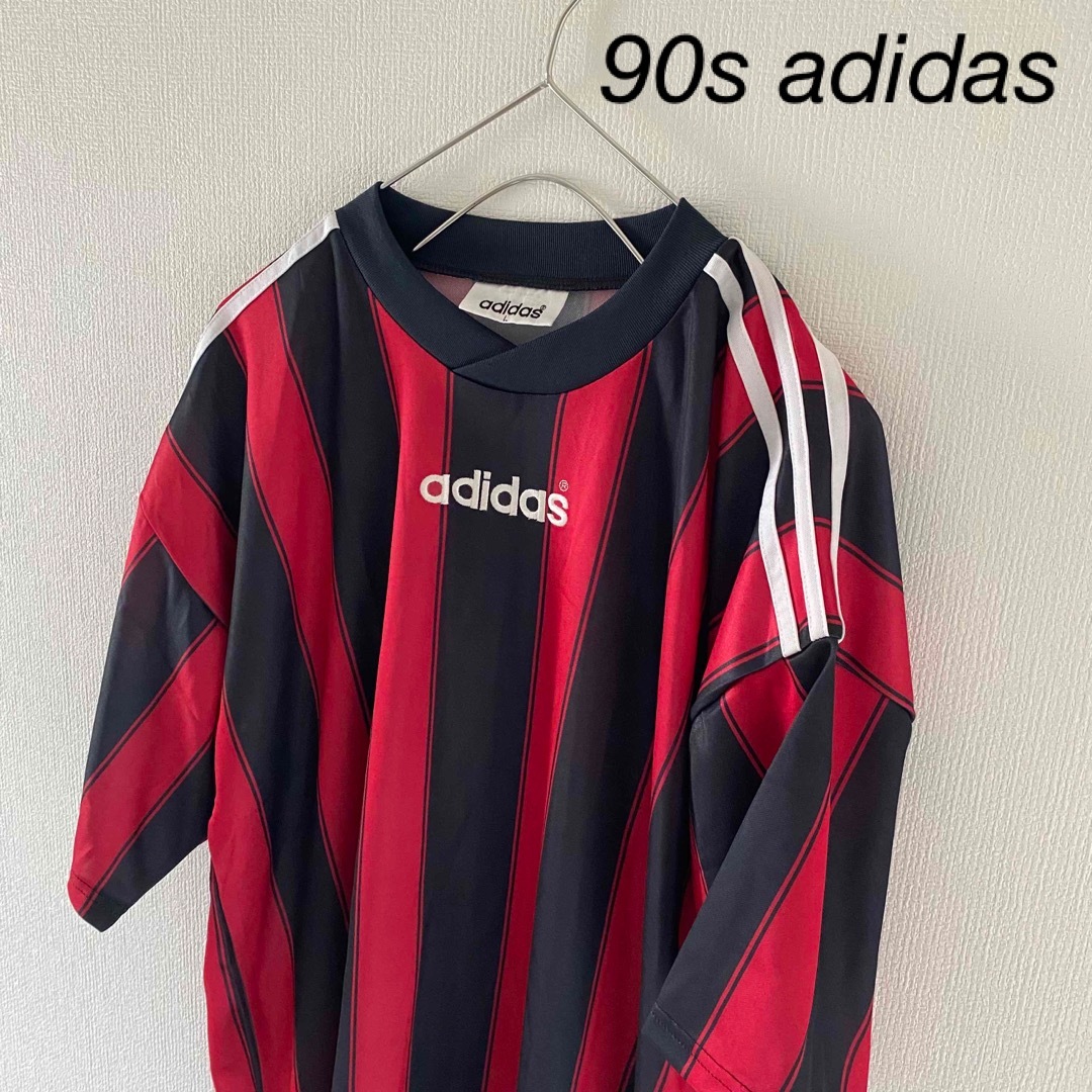 90sadidasアディダスサッカーゲームシャツtシャツストライプxlメンズ半袖