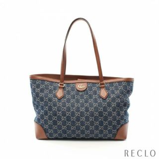 グッチ(Gucci)のGGデニム ミディアムトート ショルダーバッグ トートバッグ デニム レザー インディゴブルー ブラウン(トートバッグ)