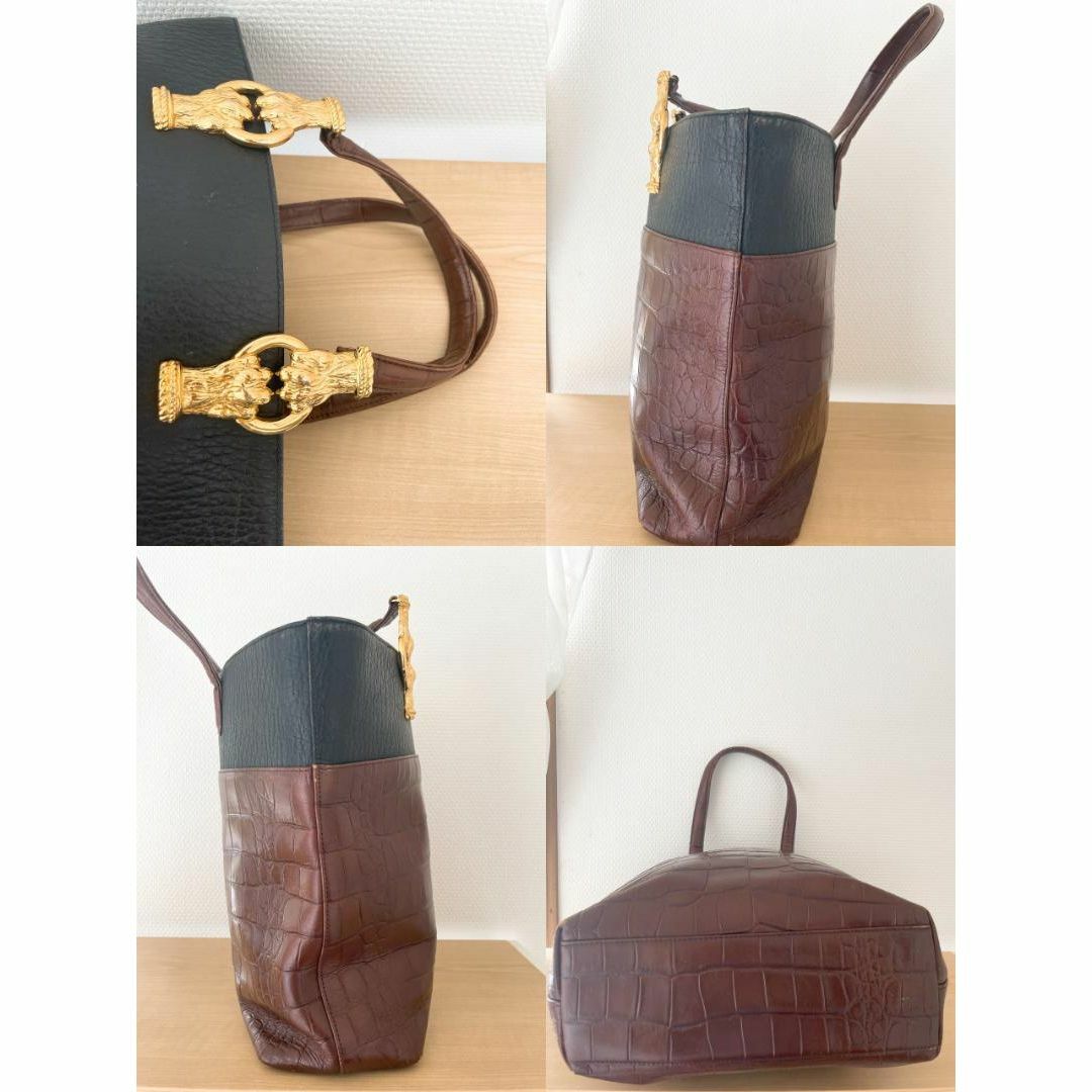 美品✨伊太利屋 ハンドバッグ/トートバッグ型押しクロコブラウン茶 2