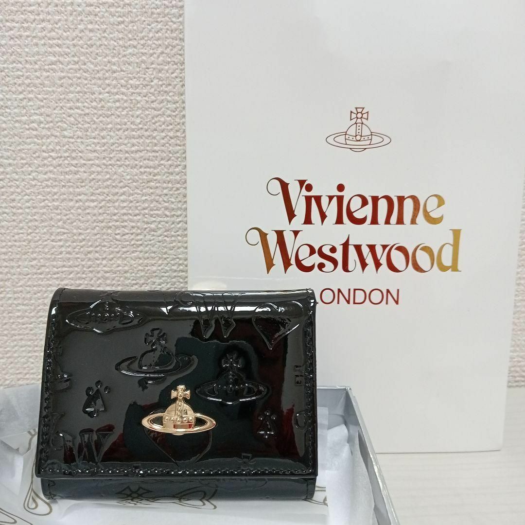 vivienne westwood エナメル ブラック がま口三つ折り財布-