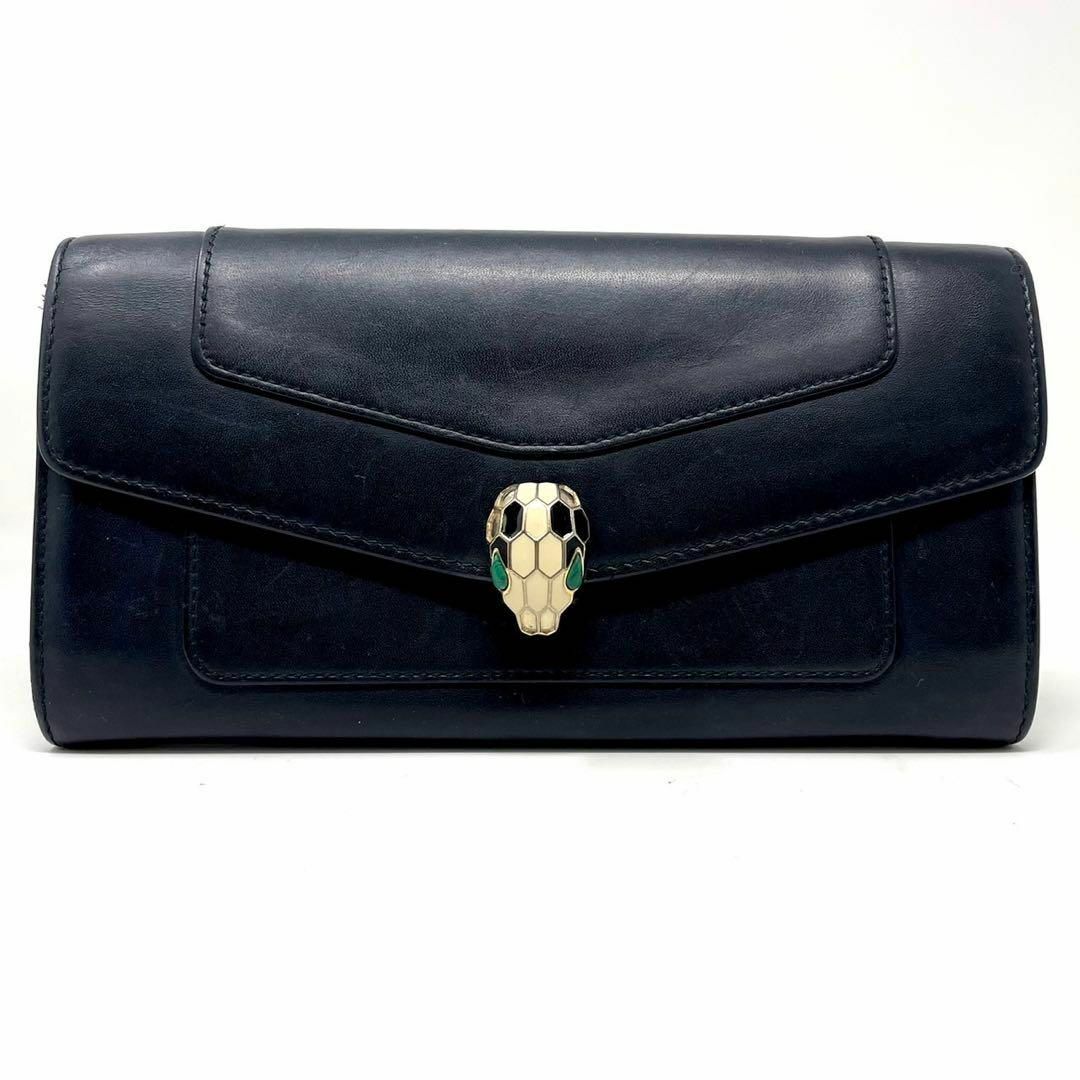 美品】ブルガリ セルペンティ フォーエバー 蛇 ロゴ金具 濃紺 長財布-