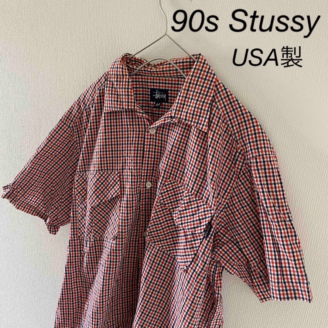 90'sStussyステューシー紺タグ半袖チェックシャツメンズネイビー紺usa製