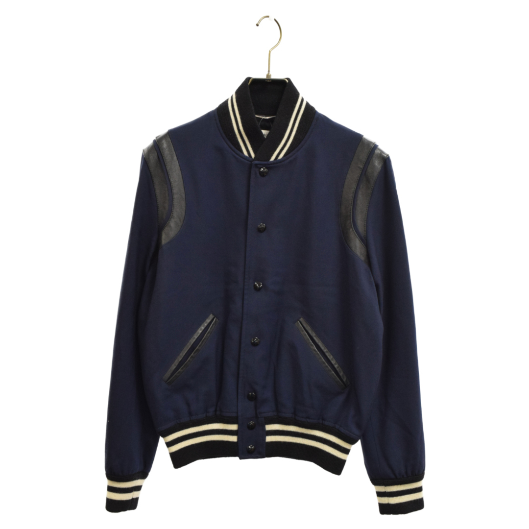 SAINT LAURENT PARIS サンローランパリ 15AW Teddy Jacket テディ ジャケット レザートリムスタジャンブルゾン ネイビー/ブラック 354718 Y239W