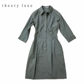 theory luxe セオリーリュクス ワンピース シャツワンピース カーキ 38(M) ロング ノーカラー ストレッチ リネン レーヨン 麻 23春夏 おしゃれ シンプル 無地 きれいめ 大人女子 ブランド 上品 ベーシック オフィスカジュアル 【レディース】【美品】