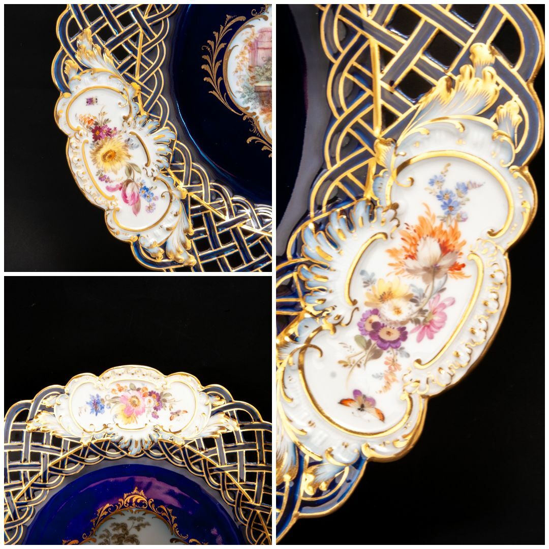 MEISSEN(マイセン)の古マイセン 金彩 ワトー恋人文 コバルトロカイユ窓 透かし大皿 直径 29cm エンタメ/ホビーの美術品/アンティーク(陶芸)の商品写真