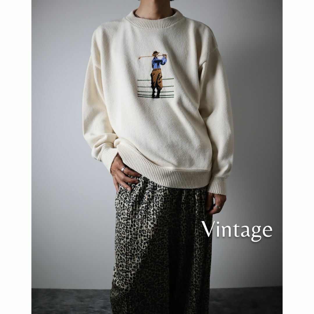 【vintage】USA製 レトロ 刺繍 ゴルフ コットンニット セーター XL