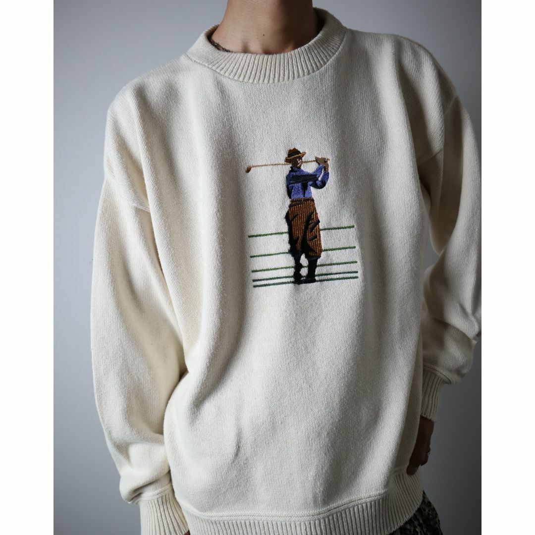 【vintage】USA製 レトロ 刺繍 ゴルフ コットンニット セーター XL