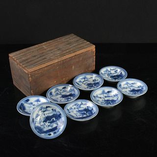 伊万里焼　古伊万里　染付　山水文　盛塩皿　小皿　八客　時代箱　V　R6377(陶芸)