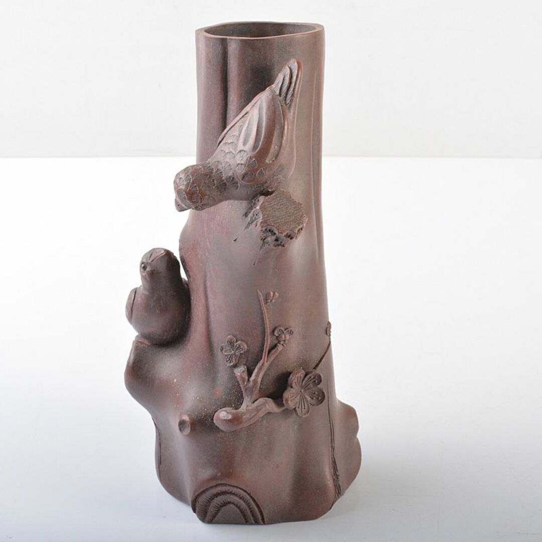 中国　紫砂　朱泥　梅に鳥彫　花瓶　在銘　V　R6388エンタメ/ホビー