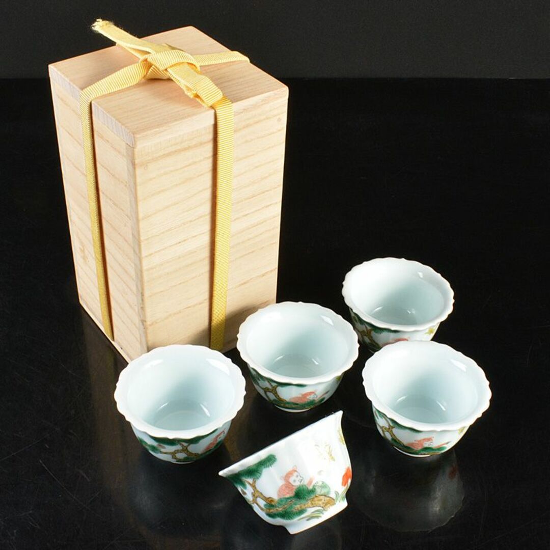 中国　色絵　蝙蝠山水文　煎茶碗　五客　桐箱　M　R6397E