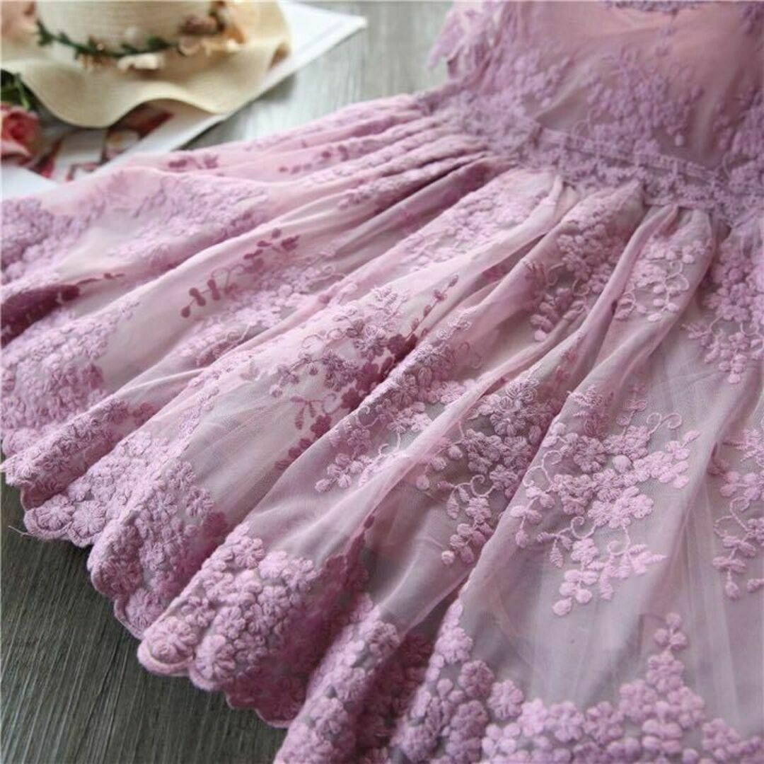 数量限定価格 パープル130 紫 刺繍 レース ドレス ワンピース 結婚式の ...